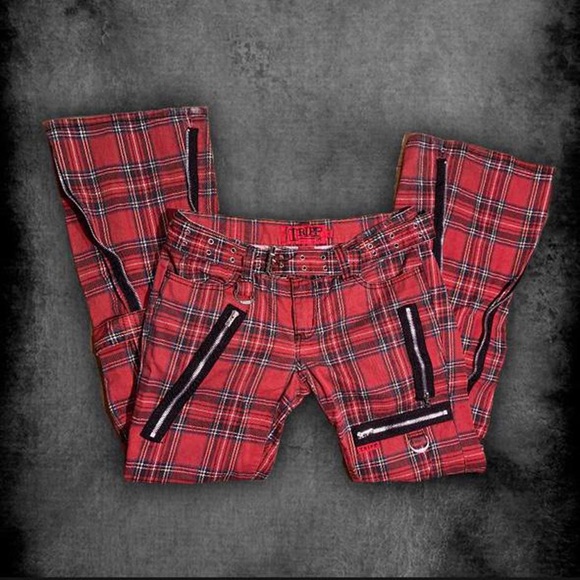 Tripp NYC goth tartan plaid red black flare wide leg pants - Picture 2 of 4